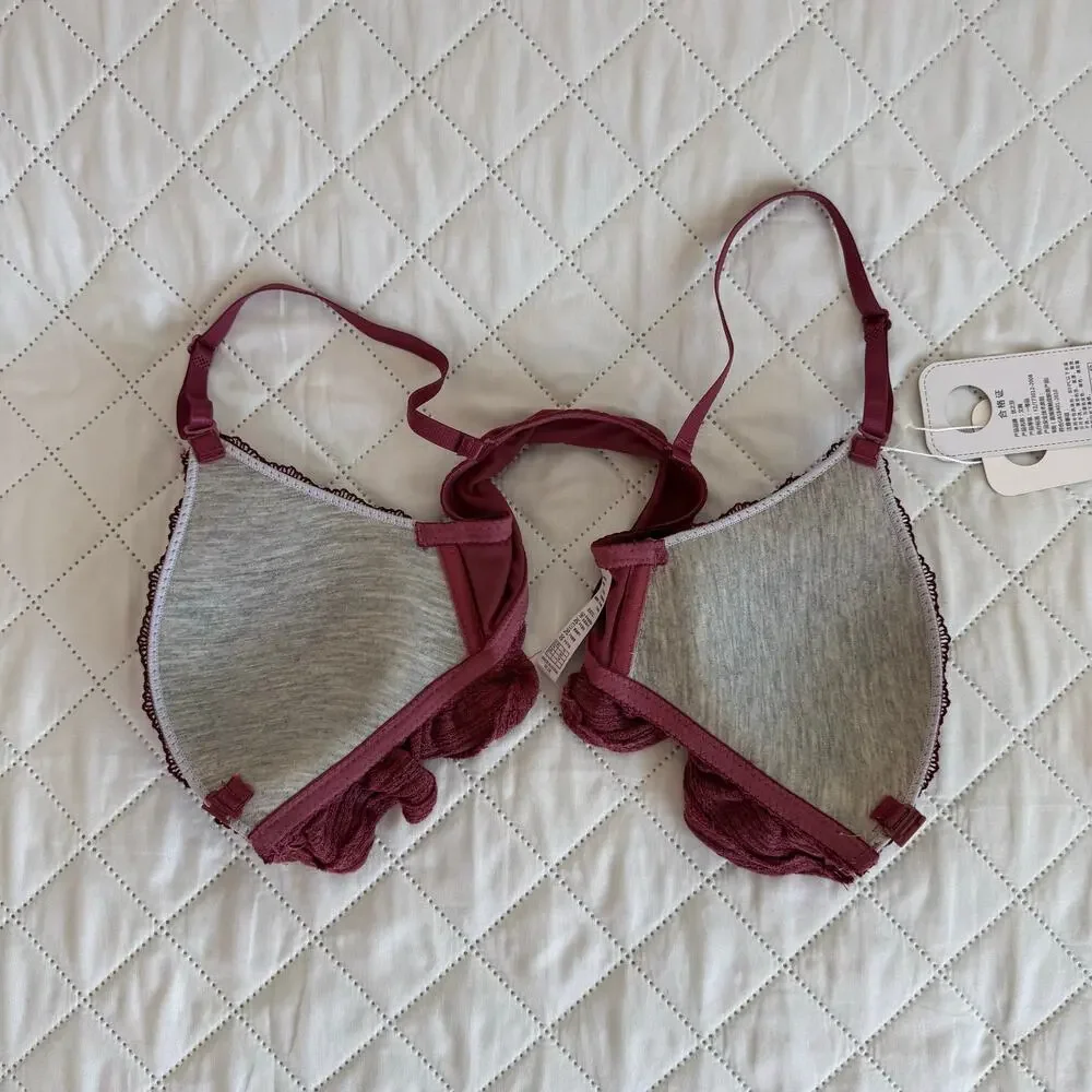 NWT Sizhisha Lace Bralette Wireless Triangle Bra Burgundy Wine Red Size 75B /34B